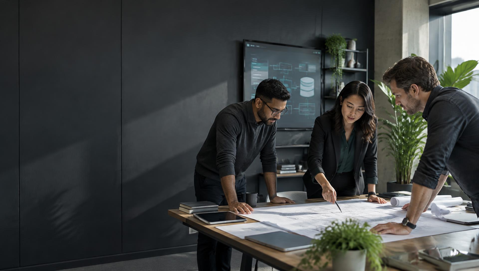 Technology architects reviewing plans together in a modern office